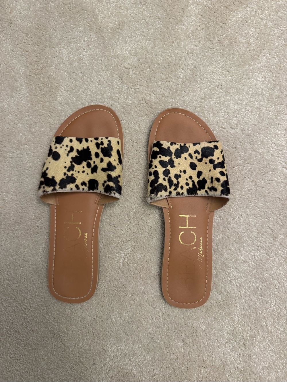 BEACH RIOT Leopard Slide Sandals in Tan and Black